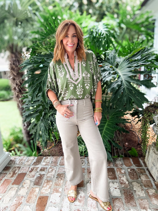 Jeanette Olive Botanical Print Top