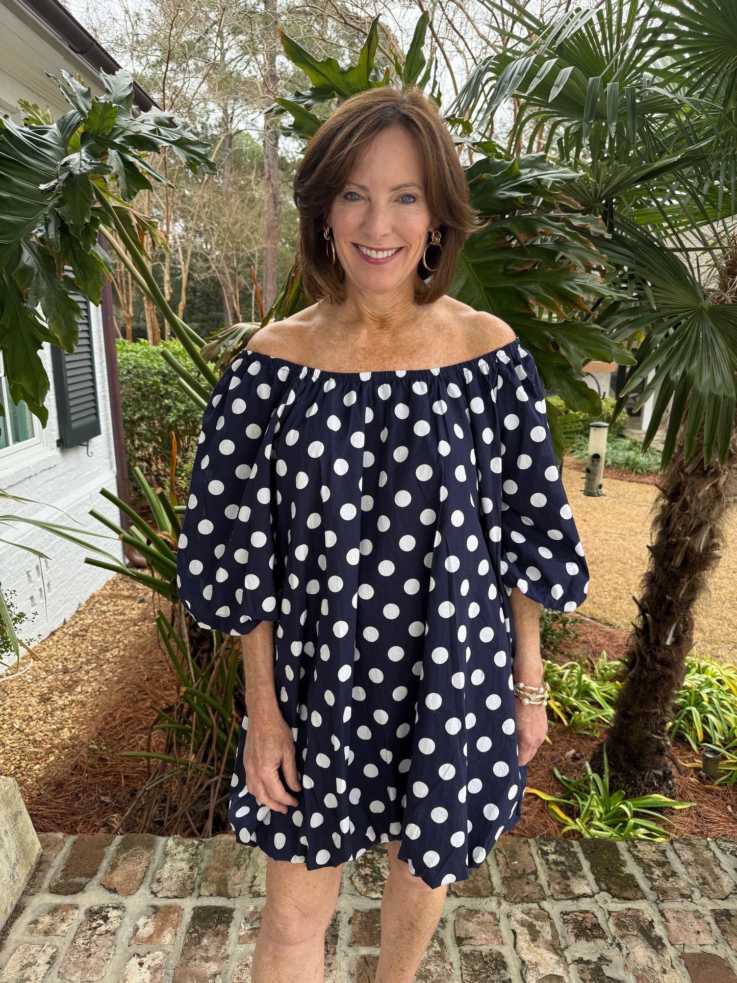 Voluminous Navy Polka Dot Print Dress