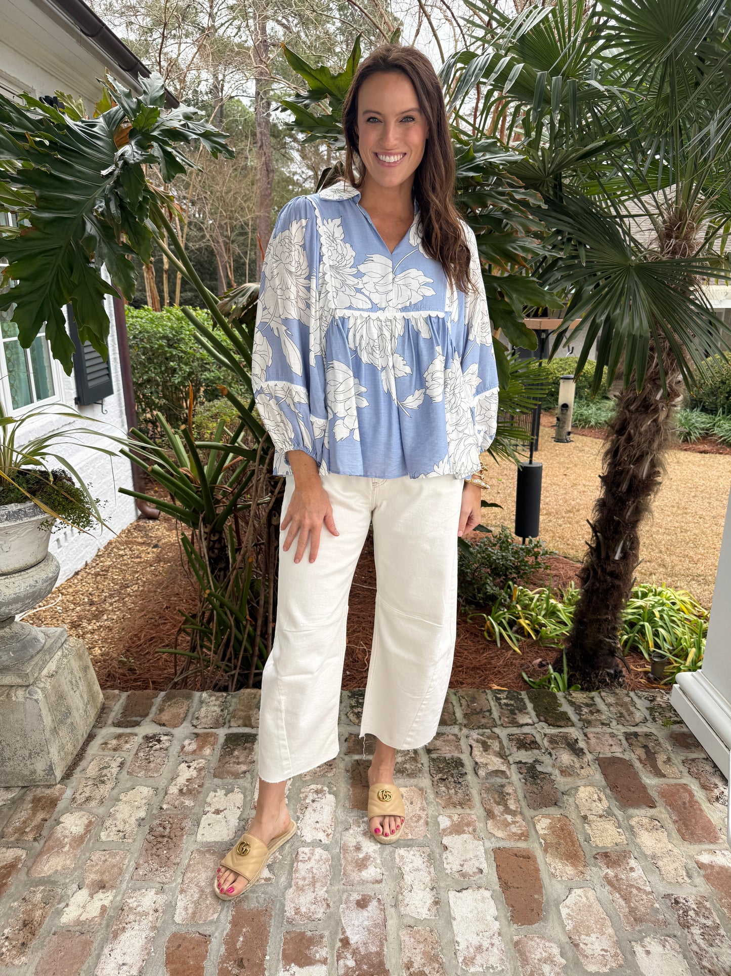 Charming Cornflower Blue Floral Print Top