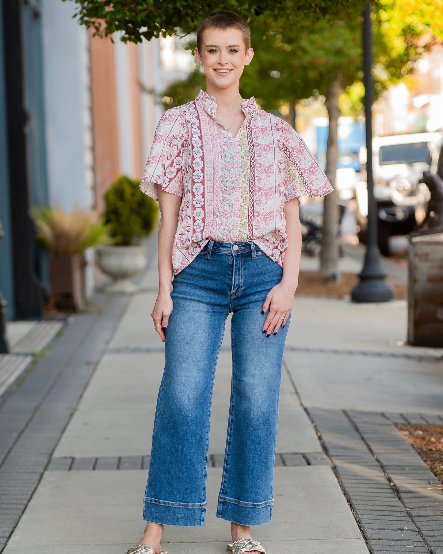 Blanche Ruffle Collar Floral Print Top-Red