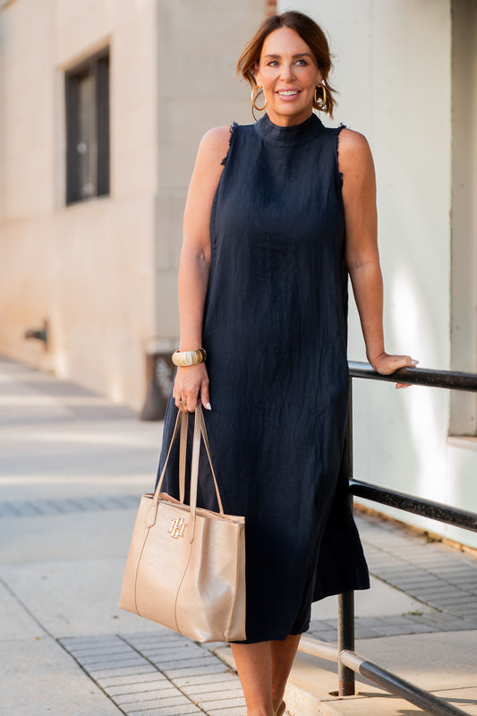 Madrid Mock Neck Linen Dress - Navy