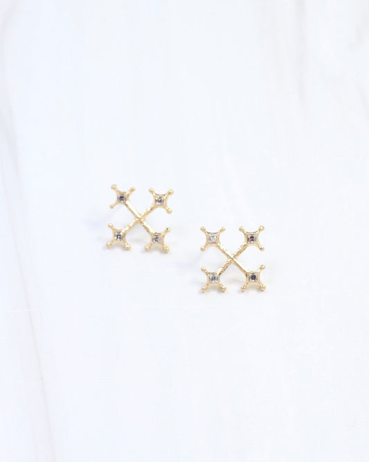 Janie CZ Cross Stud Earring Worn Gold