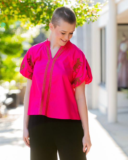 Monett Leopard Embroidery Accent Top