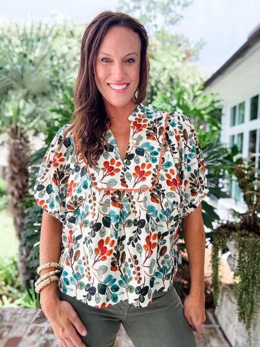 Lawton Ecru Botanical Print Top