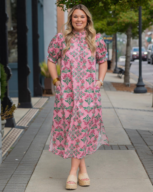 Ailani Floral 3/4 Button Down Dress-Pink