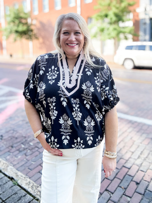 Jeanette Black Botanical Print Top
