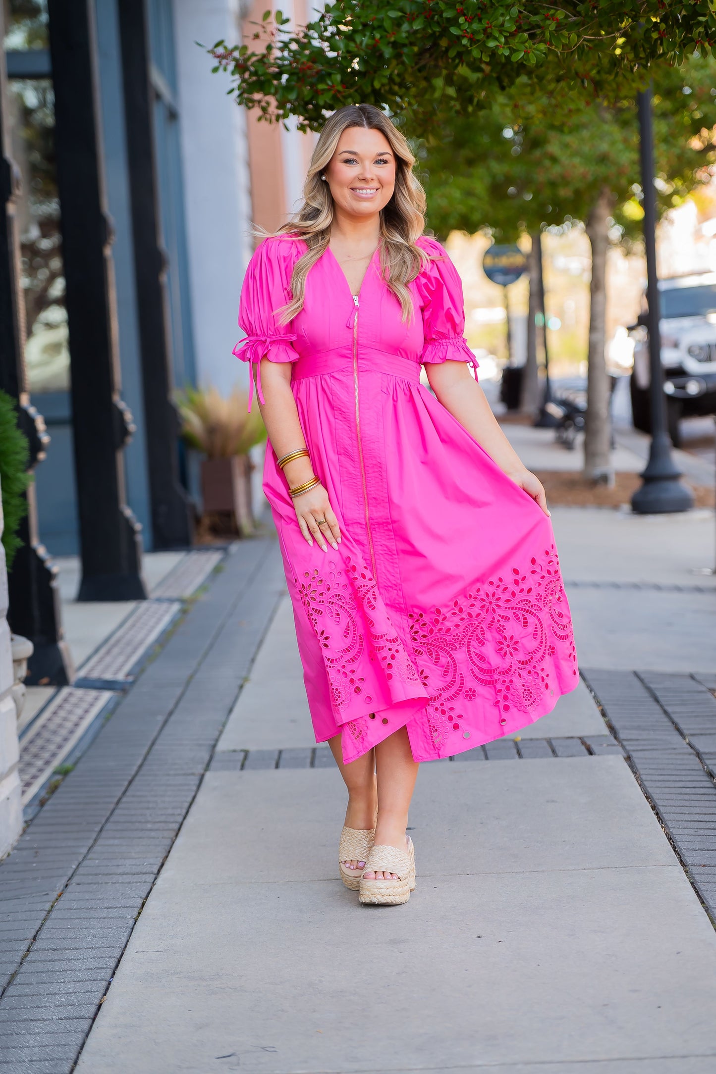 Phoenix Solid Short Puff Sleeve Midi Dress