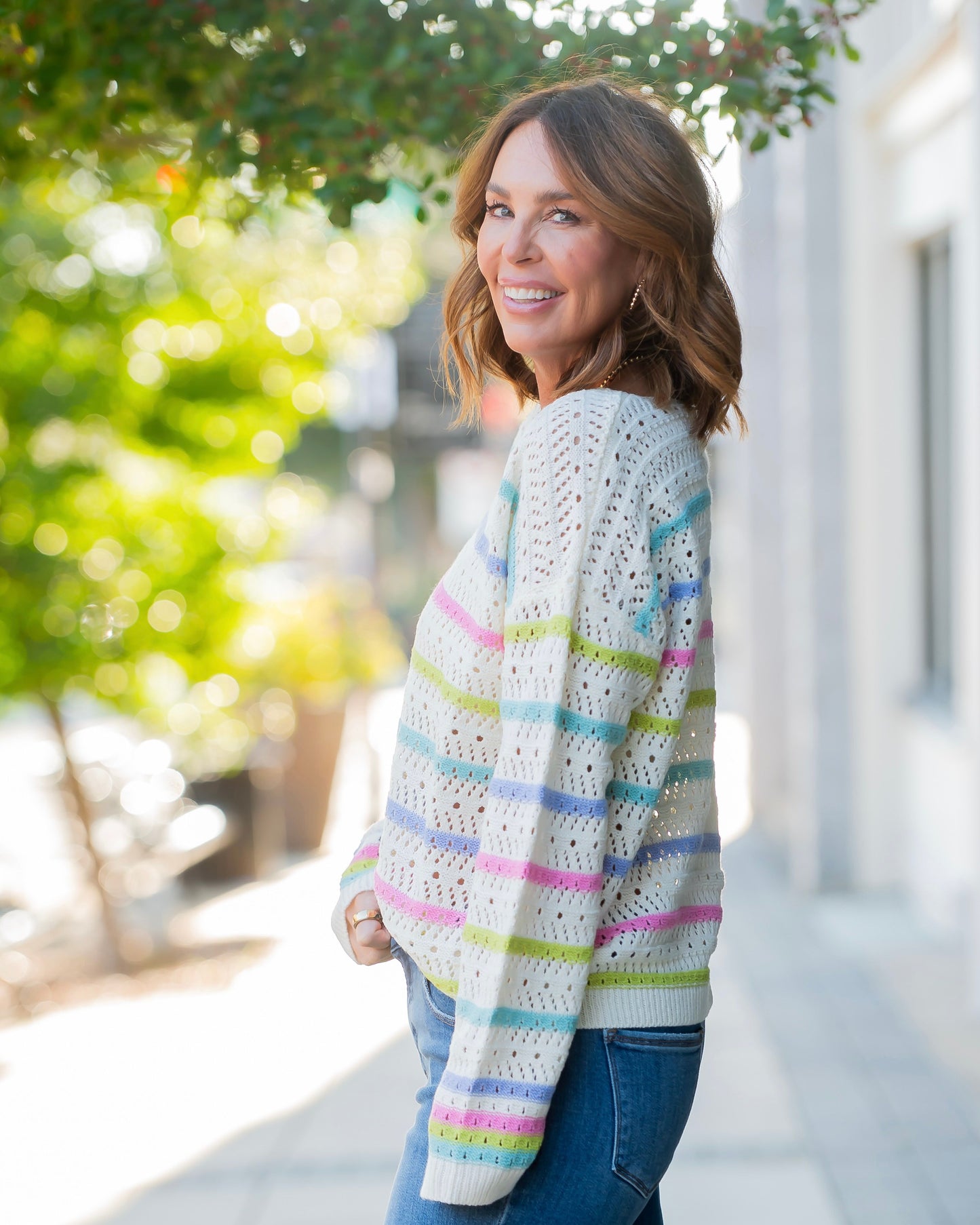 Galena Stripe Pattern Open Knit Sweater