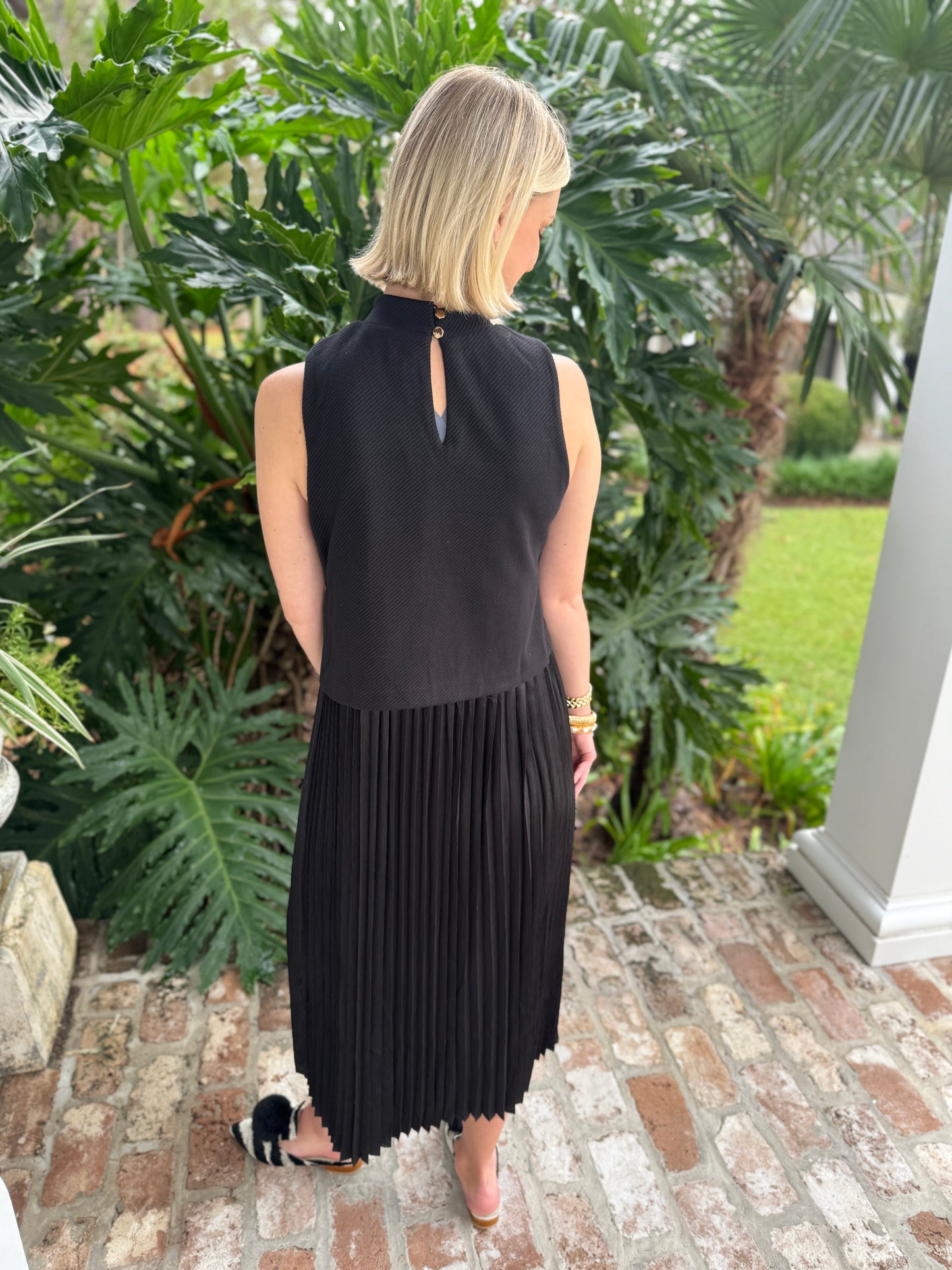 Allow Me Black Pleated Midi Dress