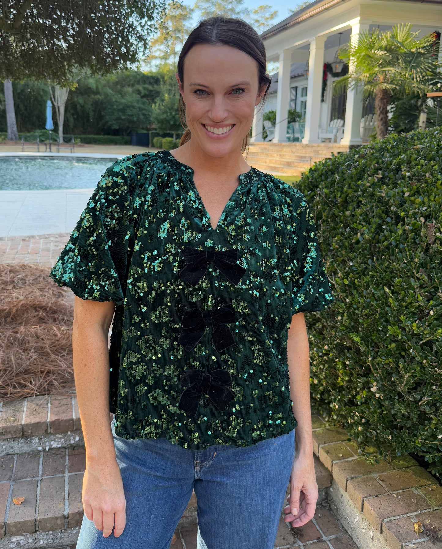 Time For Celebration Green Sequin Bow Top