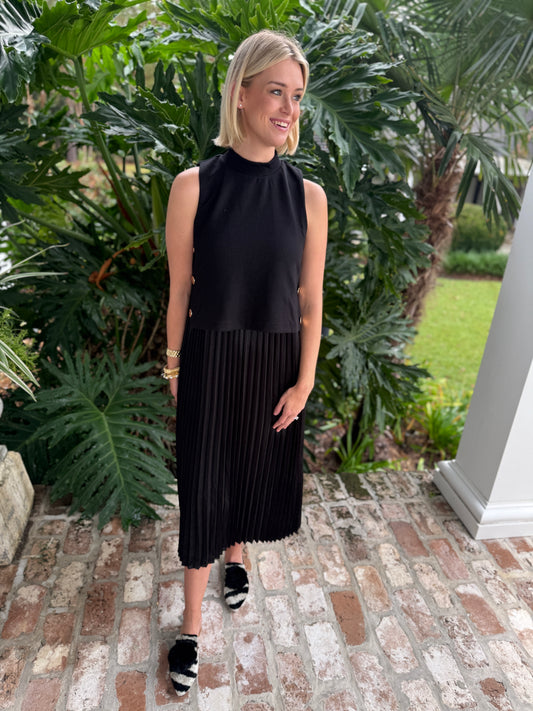 Allow Me Black Pleated Midi Dress