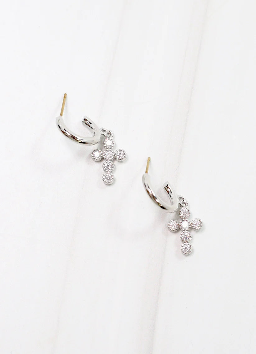 Camellia CZ Cross Hoop Earring SILVER