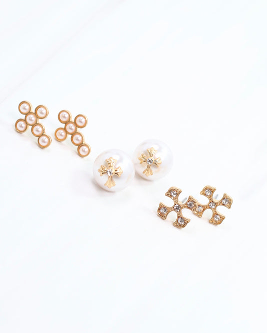 Minnie Lou Cross Earring Set Worn Gold