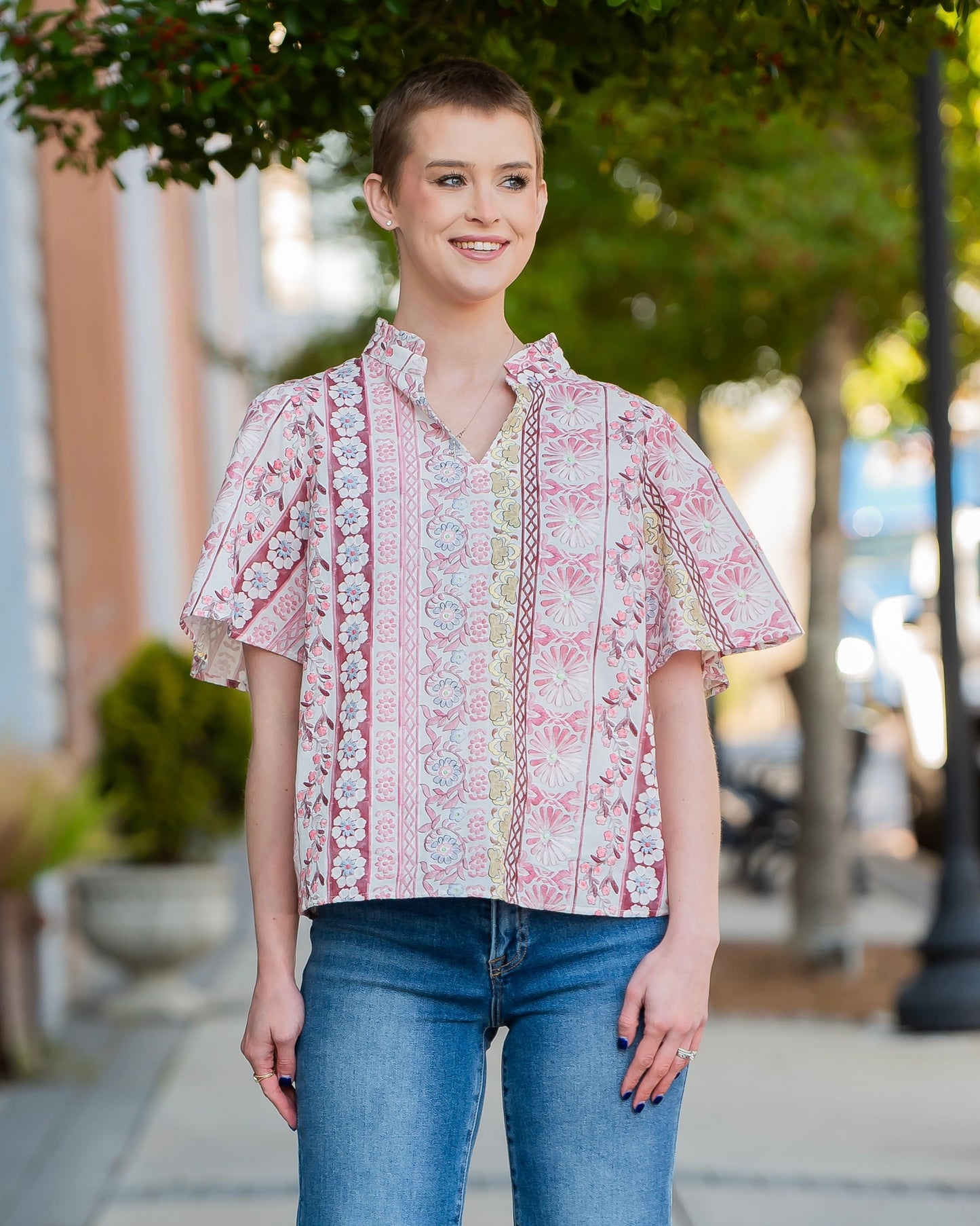 Blanche Ruffle Collar Floral Print Top-Red