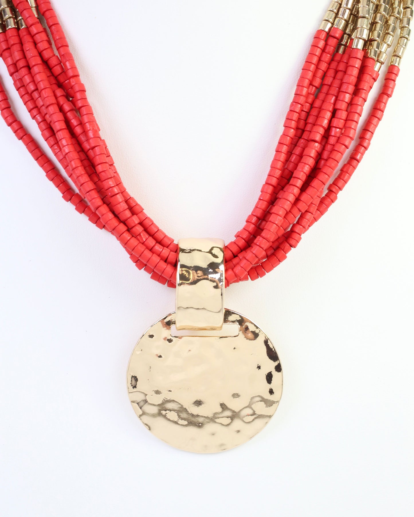 Marbella Layered Wooden Bead Necklace with Pendant Red