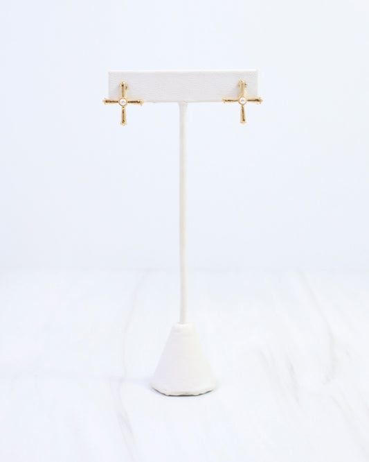 Janet Pearl Cross Stud Earring Worn Gold