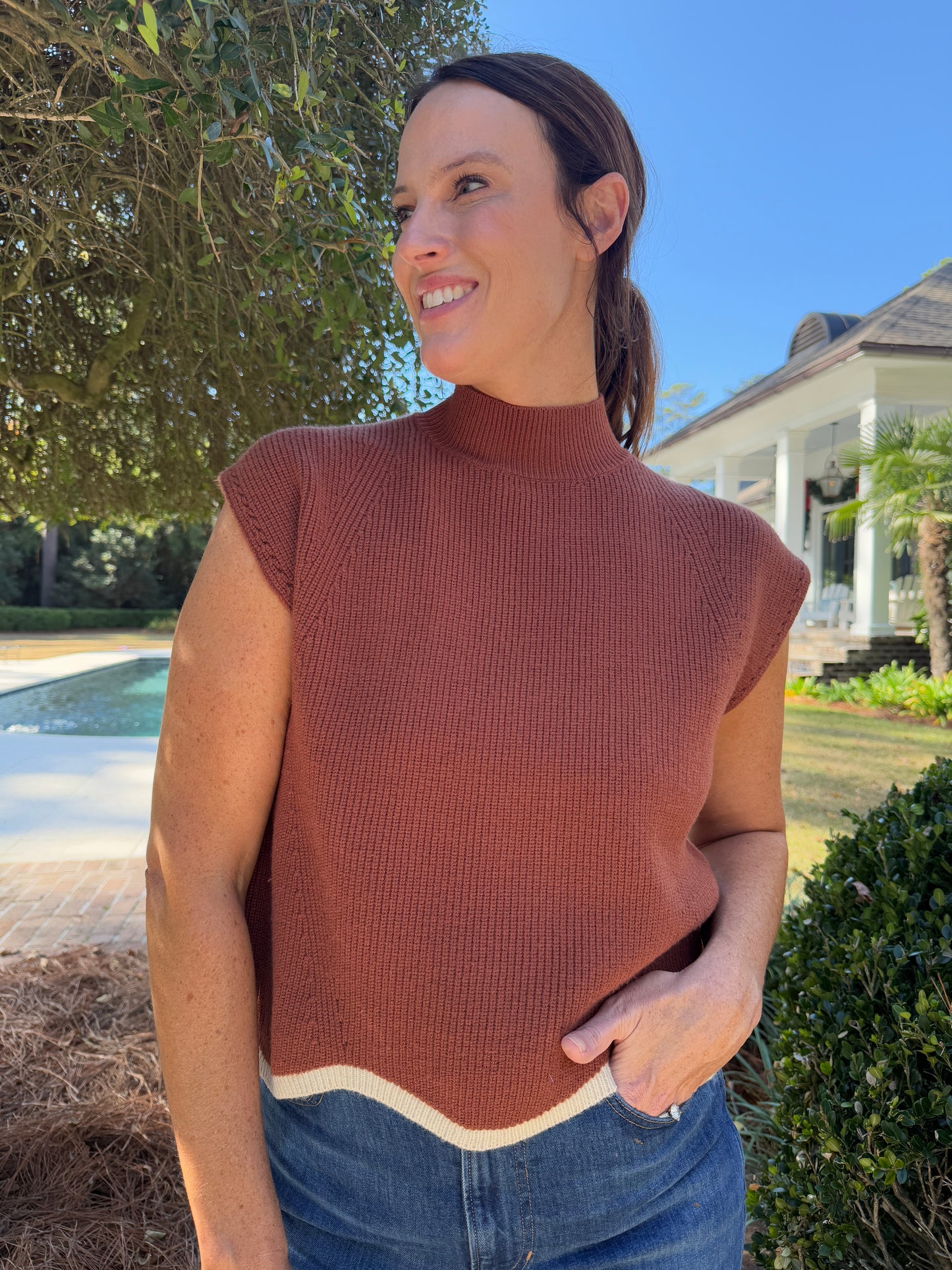 Girly Pop Mocha Scallop Trim Sweater