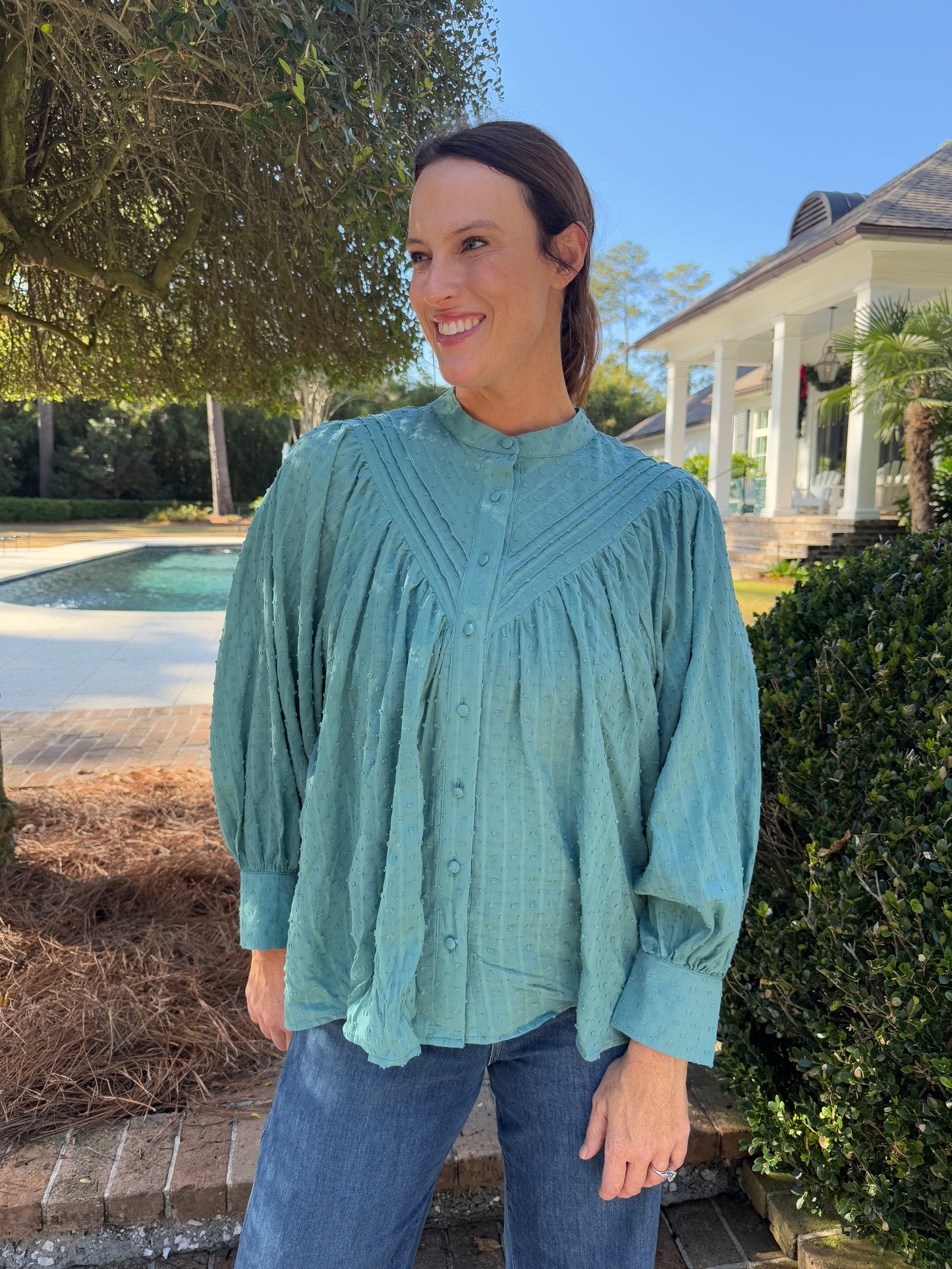 Stay Here Sage Dot Textured Blouse