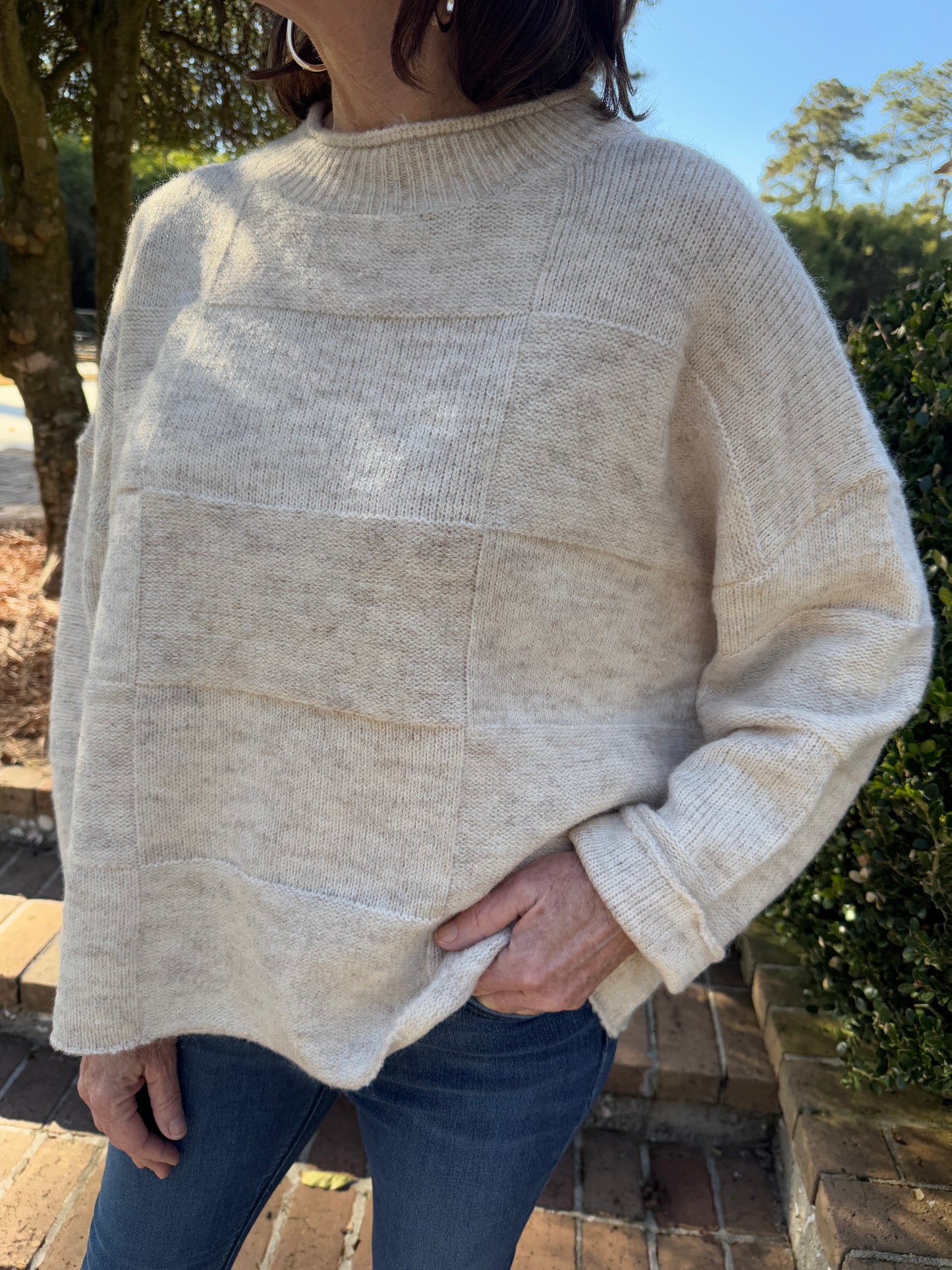 Check Her Oatmeal Mock Neck Sweater Top