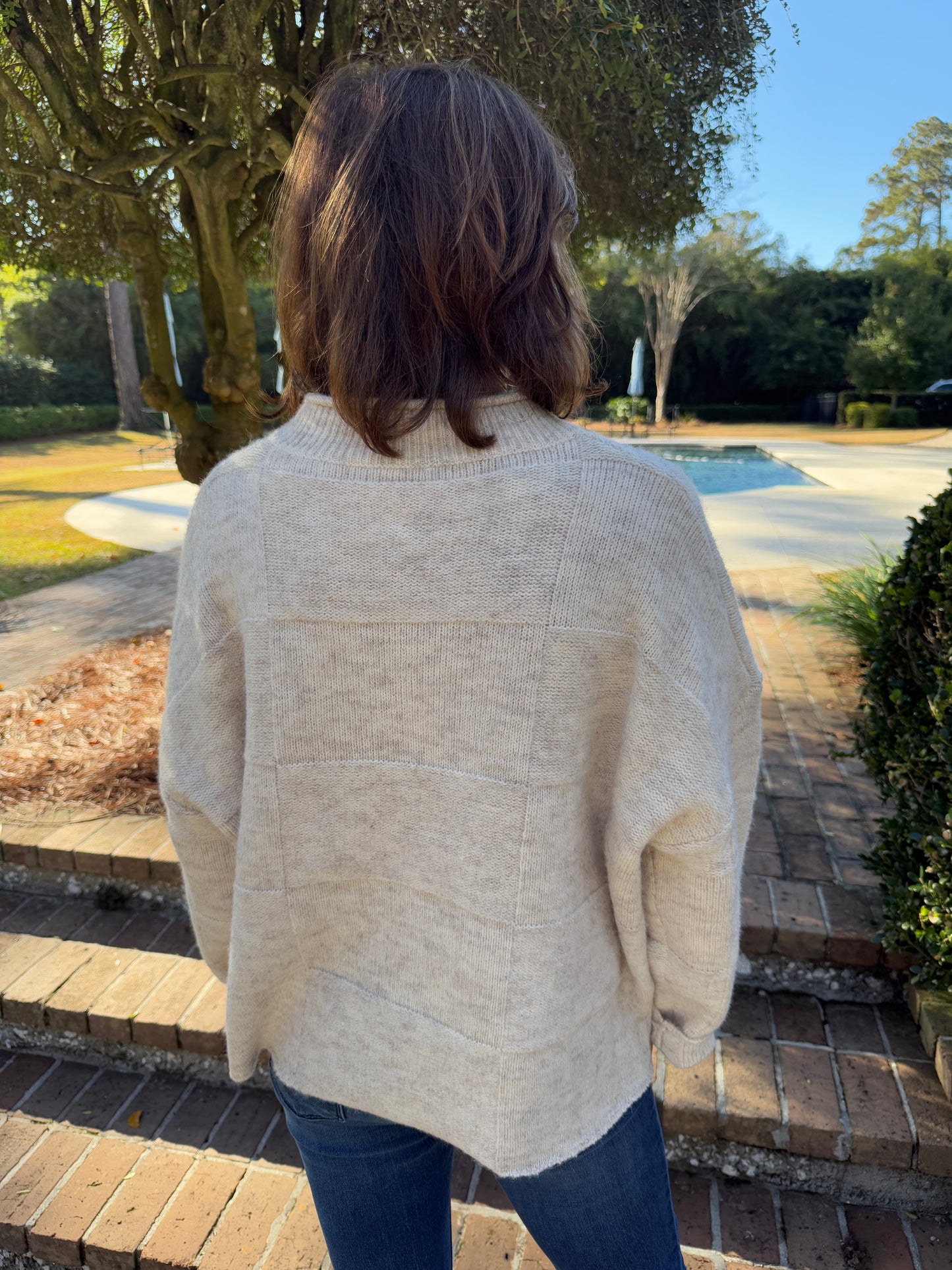 Check Her Oatmeal Mock Neck Sweater Top