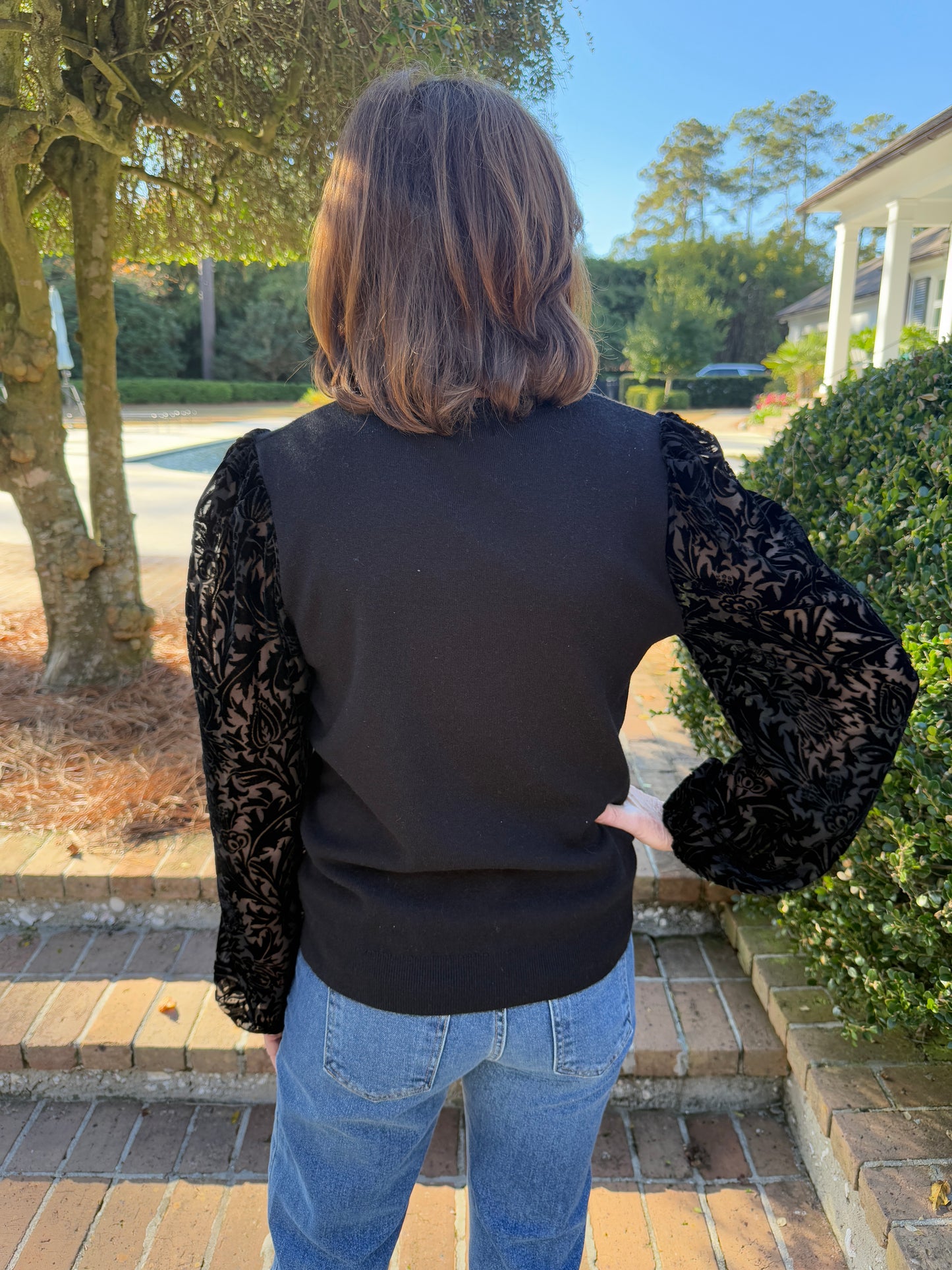 My Wish Black Velvet Sleeve Top