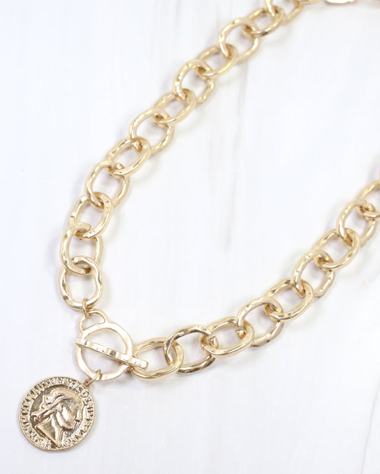 Aubree Hammered Coin Toggle Necklace Worn Gold