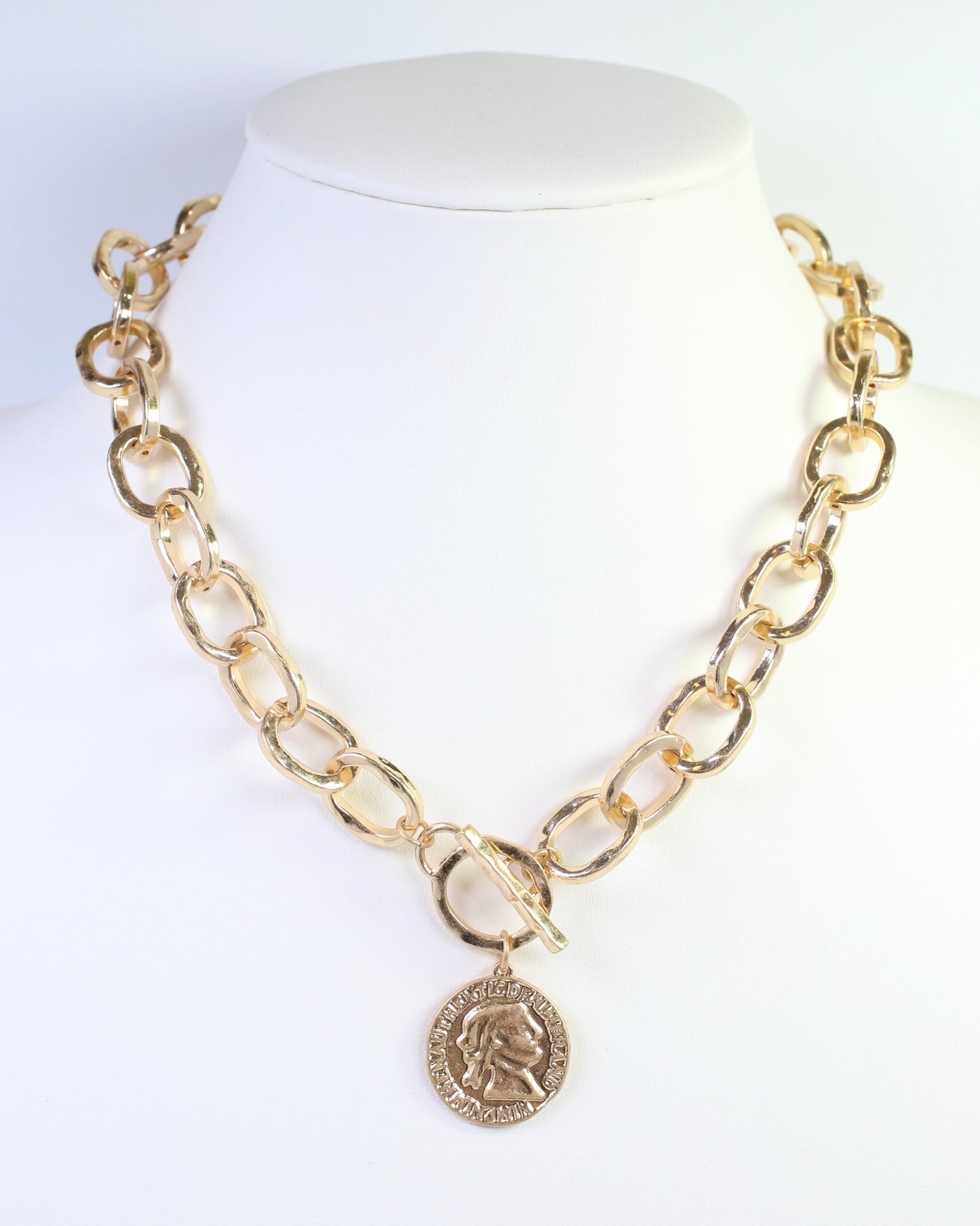 Aubree Hammered Coin Toggle Necklace Worn Gold