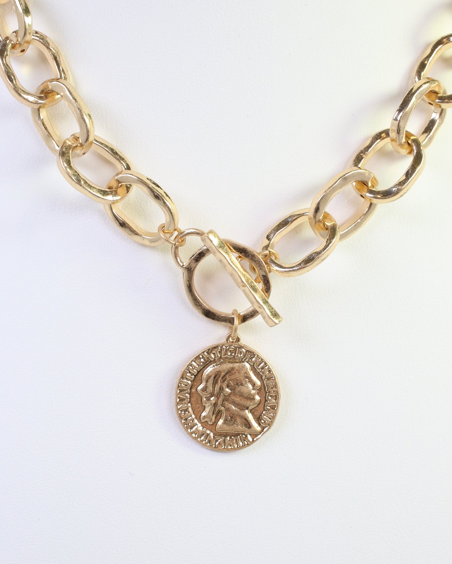 Aubree Hammered Coin Toggle Necklace Worn Gold