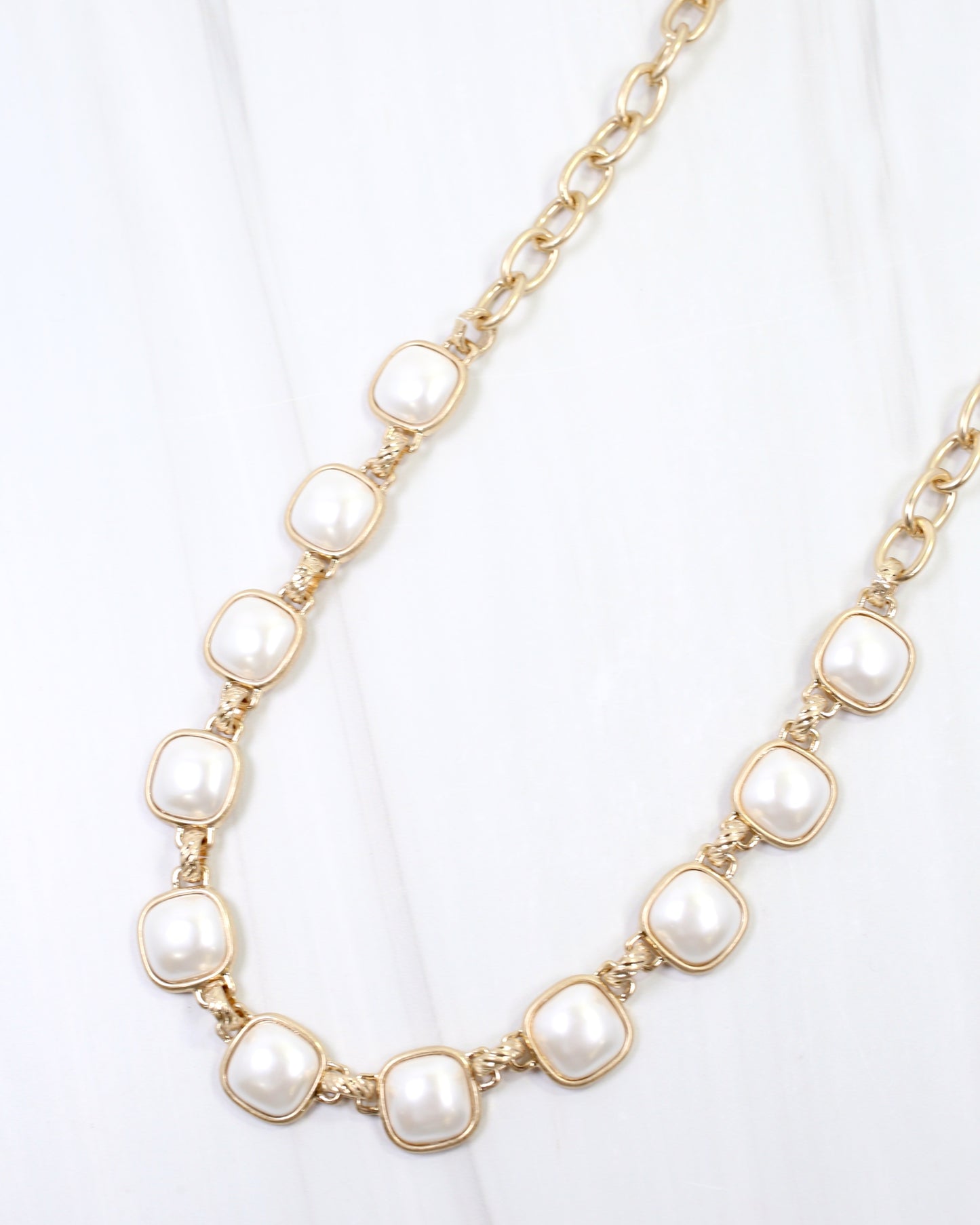 April Square Pearl Necklace Worn Gold