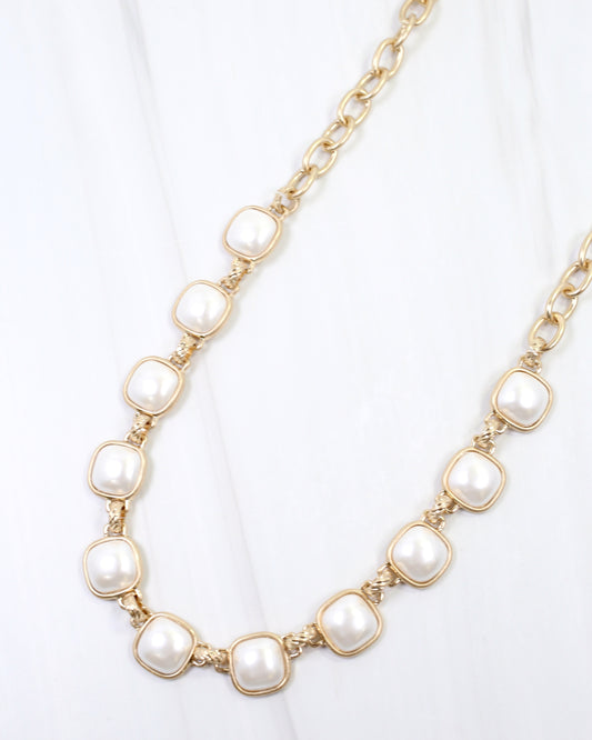 April Square Pearl Necklace Worn Gold