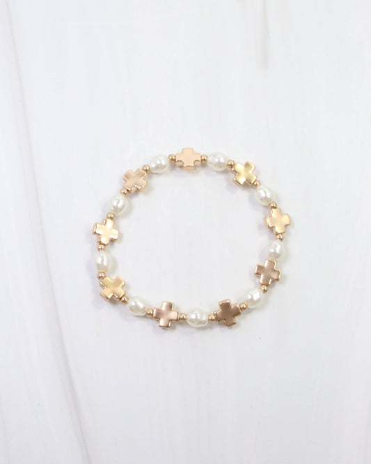 Blake Pearl Cross Stretch Bracelet Matte Gold