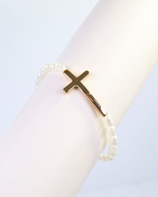 Blessing Pearl Beaded Cross Bracelet Cream