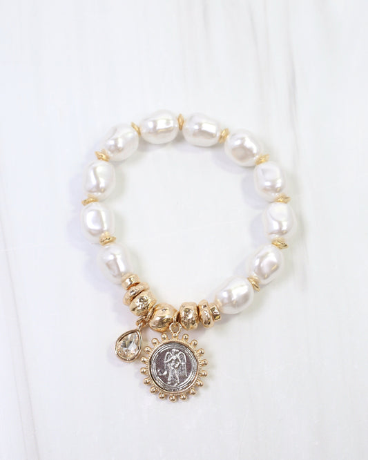 Bonnie Coin Charm Pearl Stretch Bracelet Cream