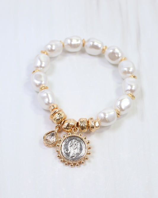 Bonnie Coin Charm Pearl Stretch Bracelet Cream