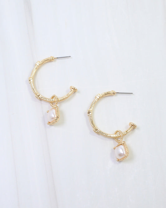 Anika Textured Large Hoop With Dangle Pearl