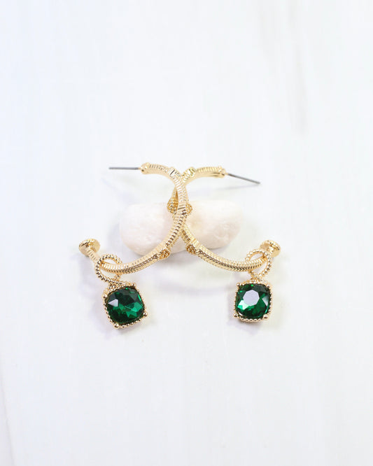 Anika Textured Large Hoop With Dangle Emerald