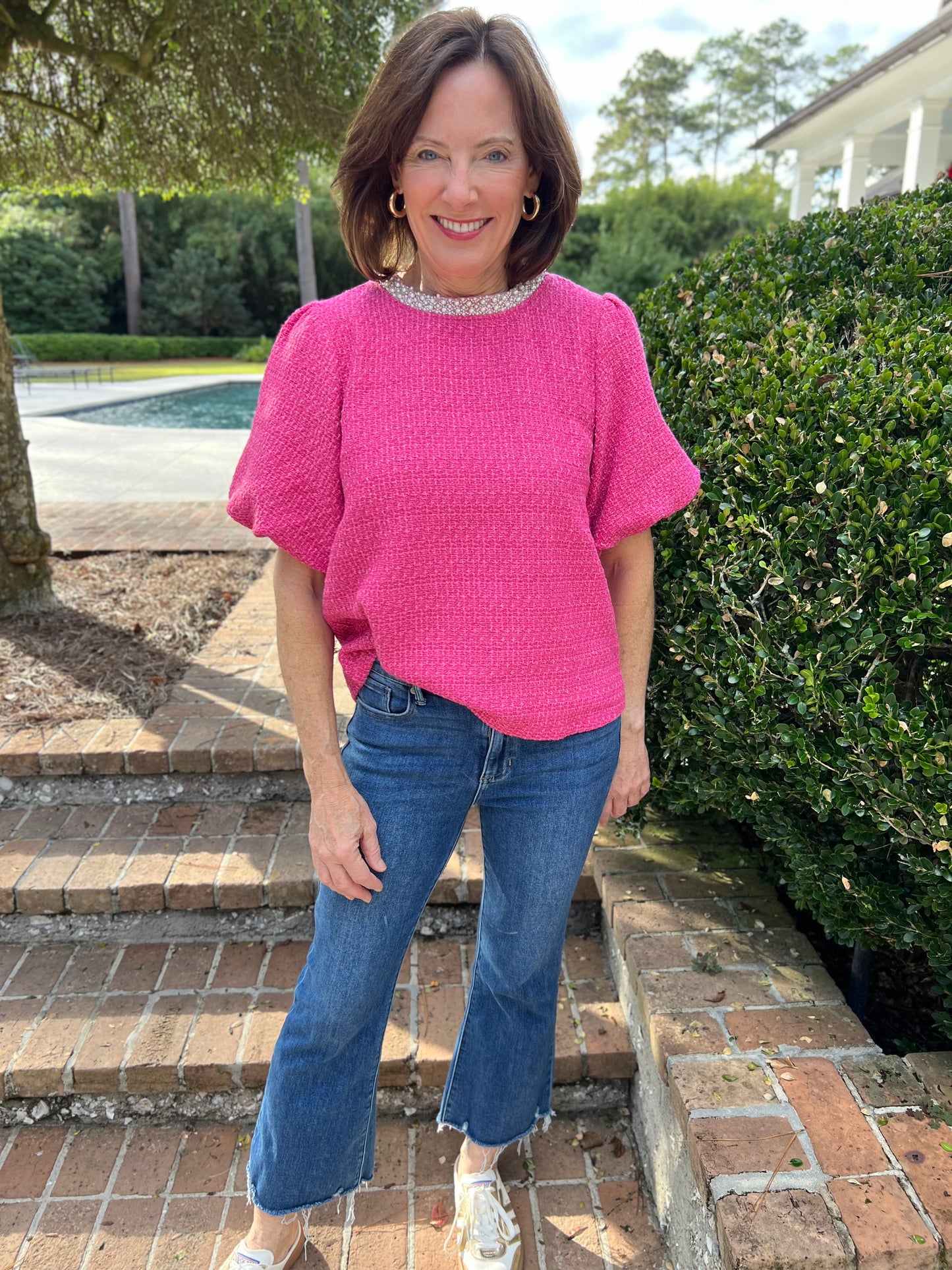 New to Me Pink Pearl Embellished Blouse