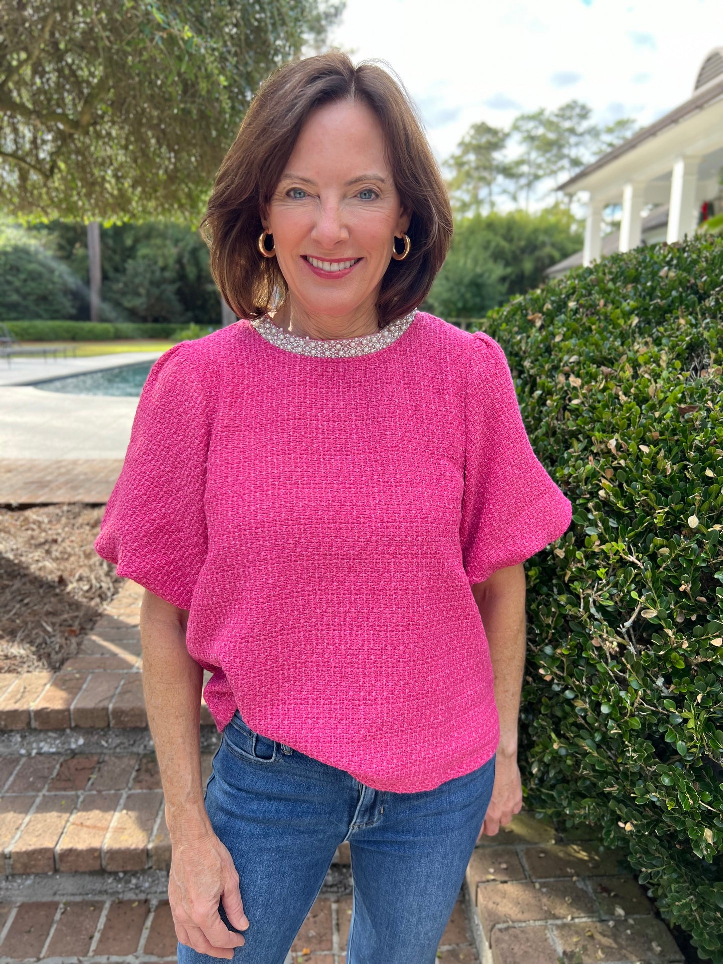 New to Me Pink Pearl Embellished Blouse