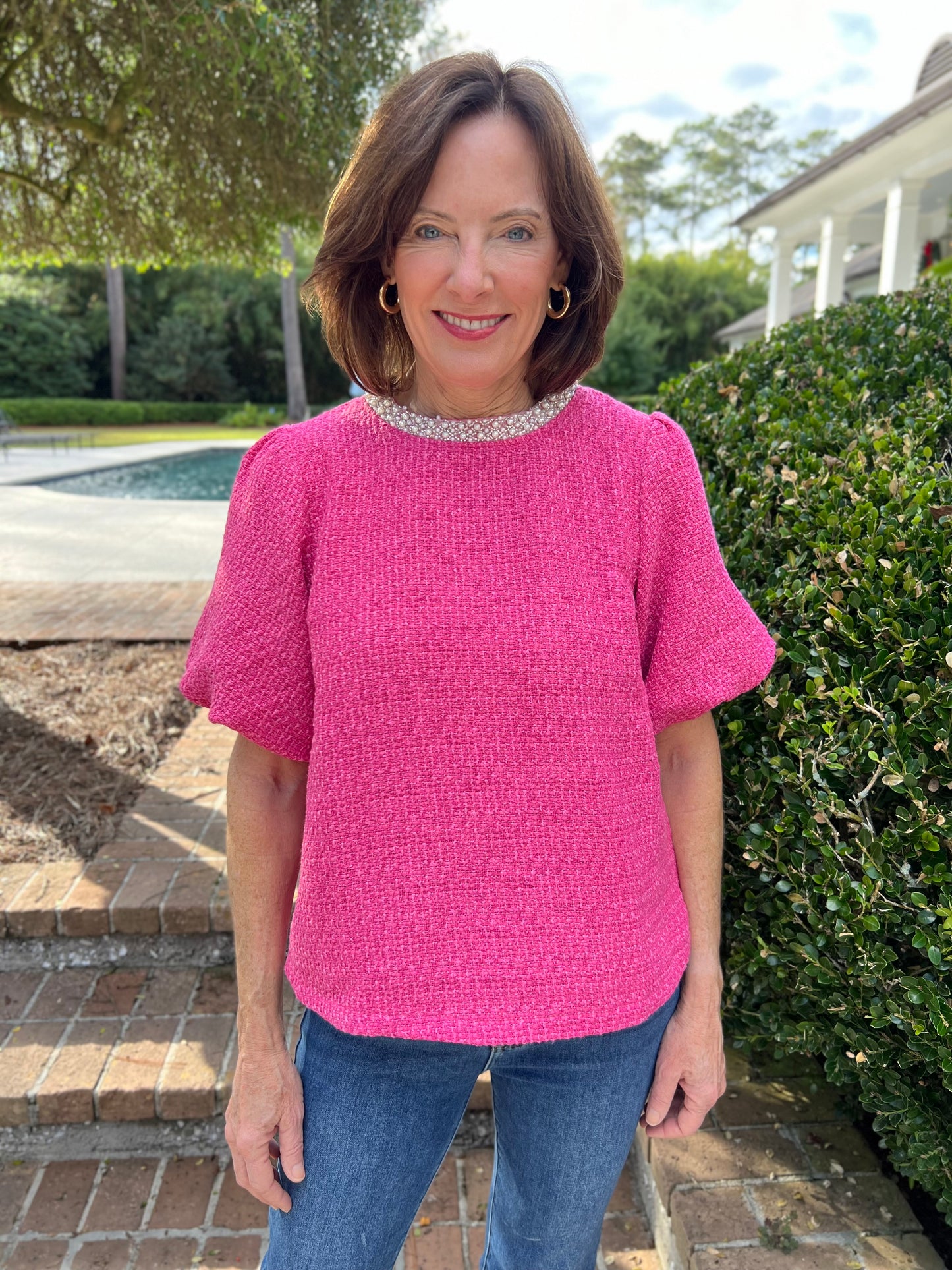 New to Me Pink Pearl Embellished Blouse