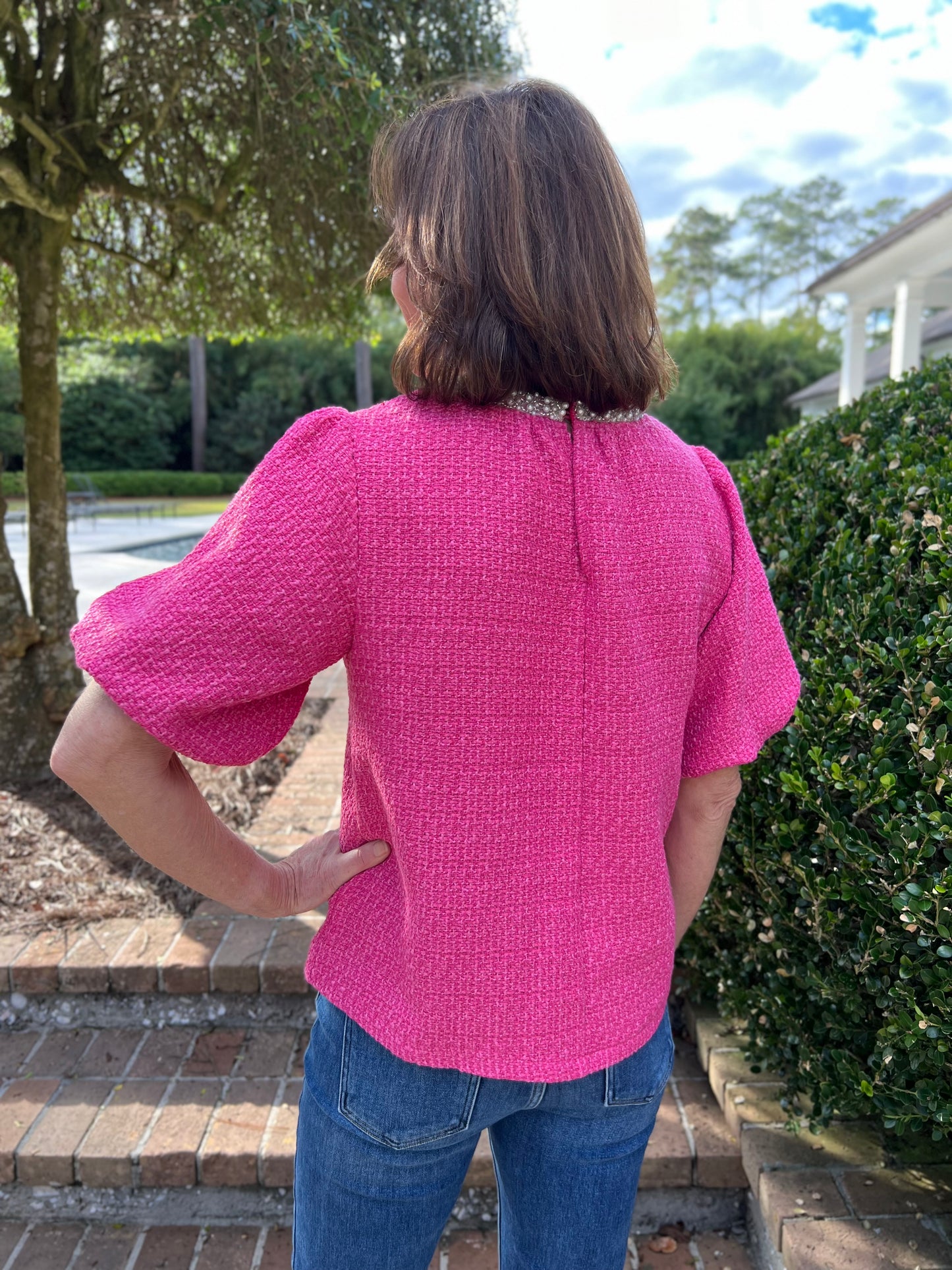 New to Me Pink Pearl Embellished Blouse