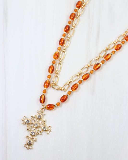 Carissa Beaded Layered Cross Necklace Topaz