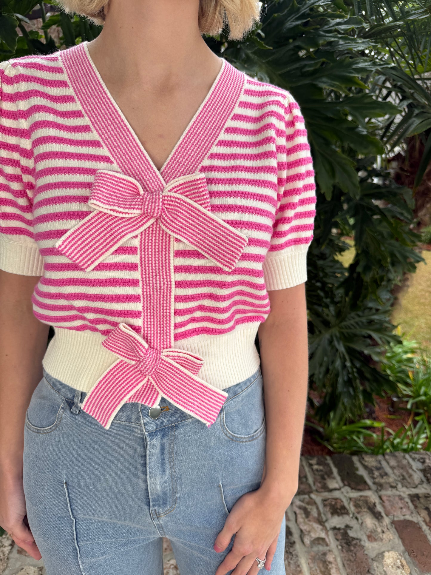 Carlisle Pink Stripe Short Sleeve Sweater