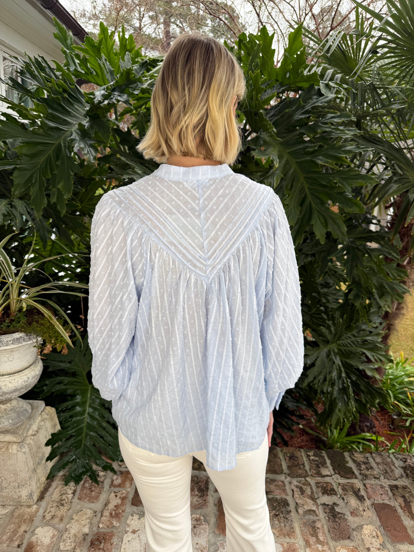 Stay Here Chambray Dot Textured Blouse