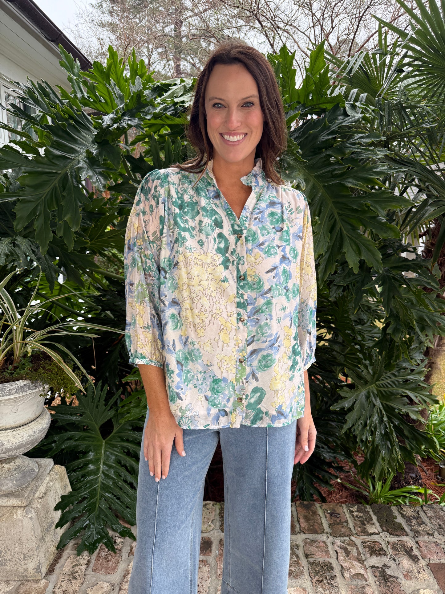 Spring Green Floral Chiffon Print Top