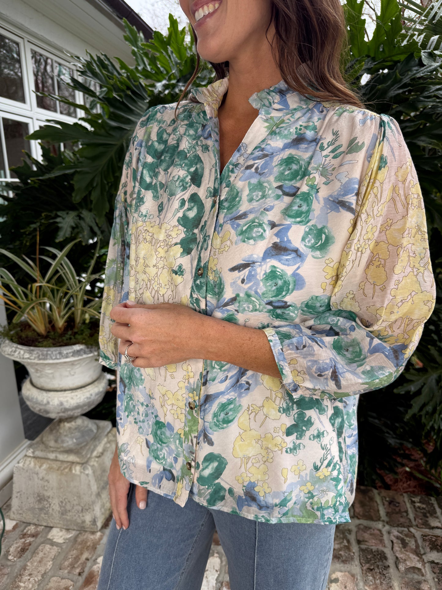 Spring Green Floral Chiffon Print Top