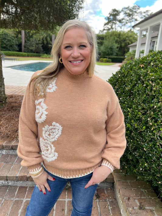 Don't Look Taupe Embroidered Sweater