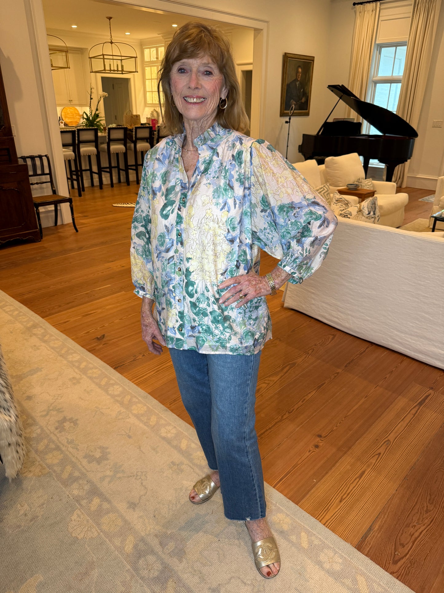 Spring Green Floral Chiffon Print Top