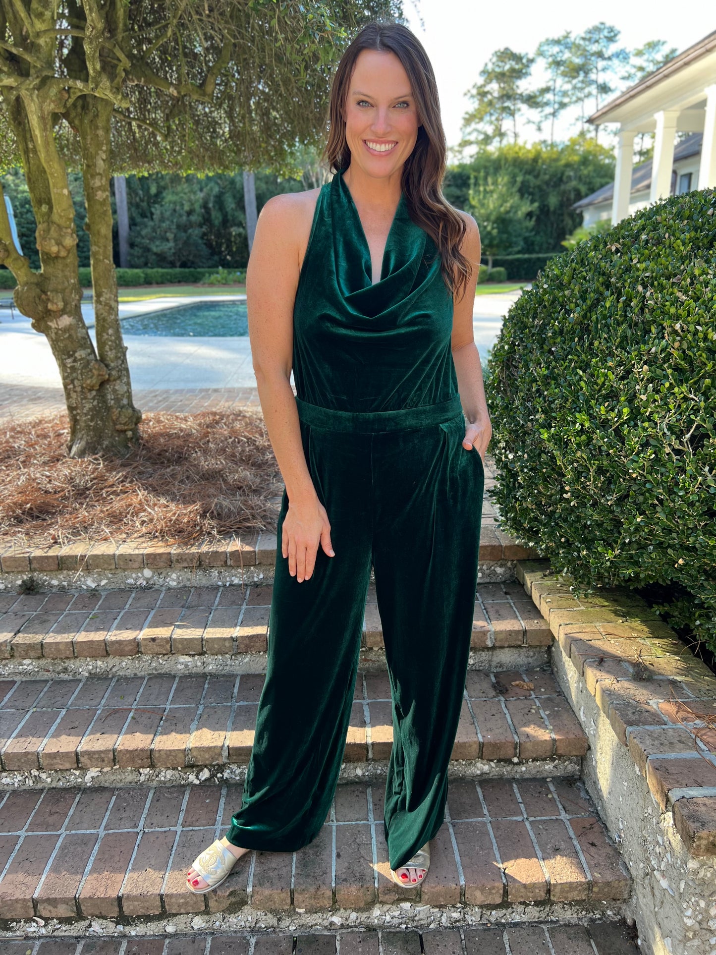 Grand Arrival Hunter Green Velvet Jumpsuit