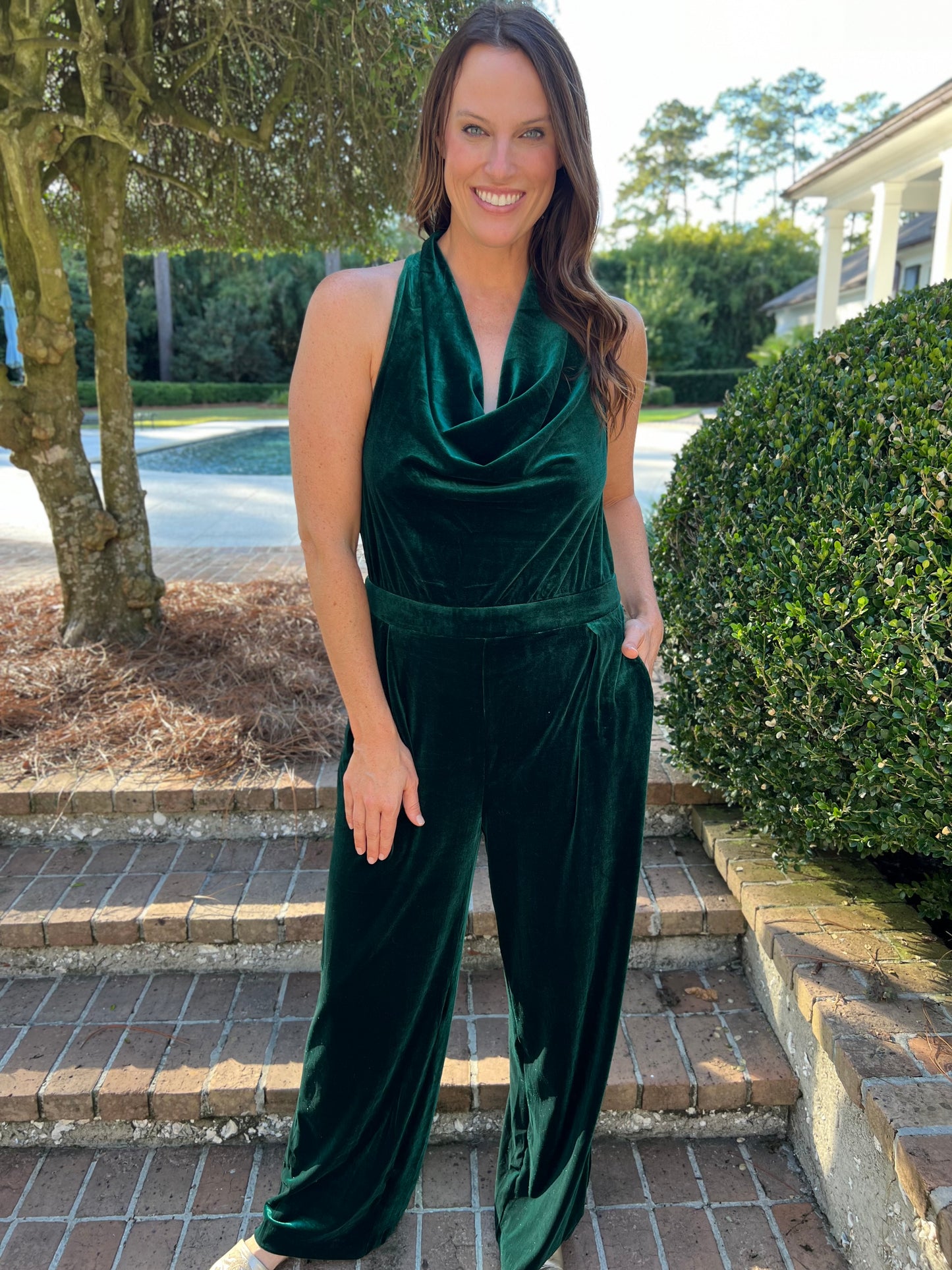 Grand Arrival Hunter Green Velvet Jumpsuit