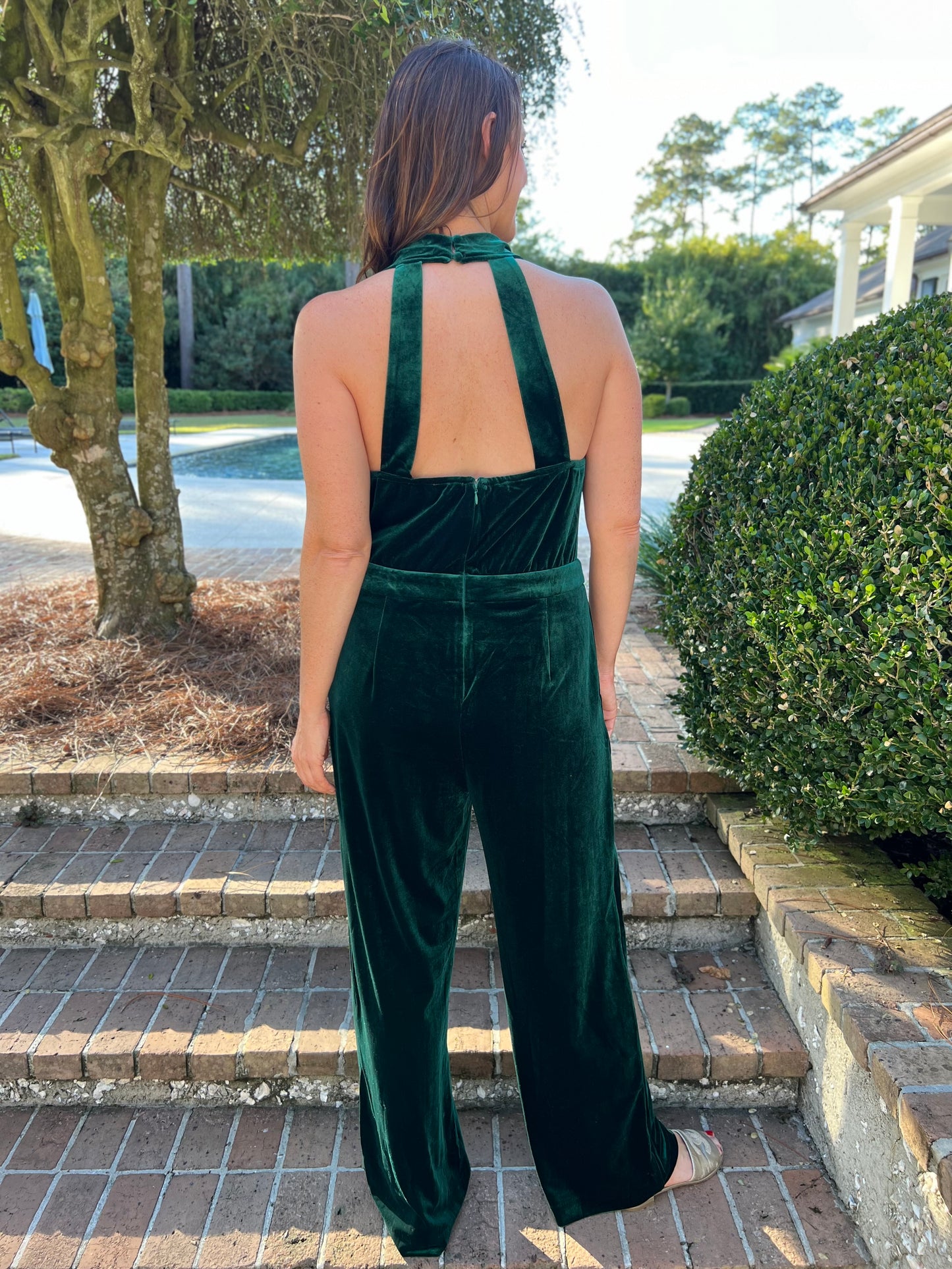 Grand Arrival Hunter Green Velvet Jumpsuit